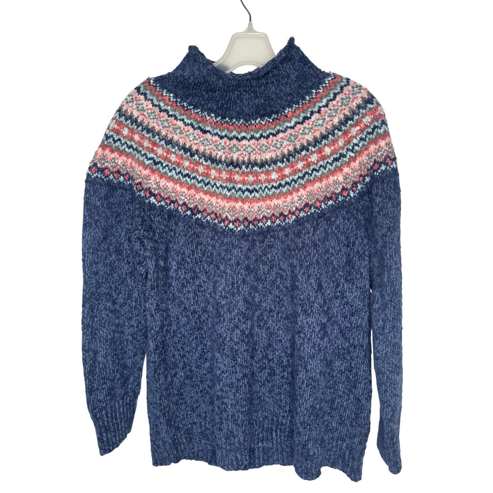 LL Bean Womens XL Blue Marled Cotton Fair Isle Mock Neck Sweater 510902